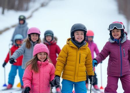 A group of smiling kids learning to ski with an instructor